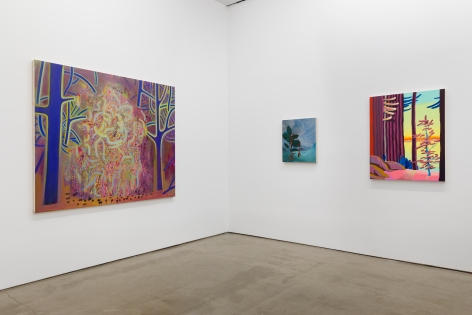 Installation view of "Plastic Garden", a group exhibition of painting and sculpture. There are three paintings