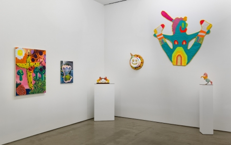 Installation view of ALIVE WITH PLEASURE!, which features a mix of artworks on hung on the walls and sculptures on pedestals