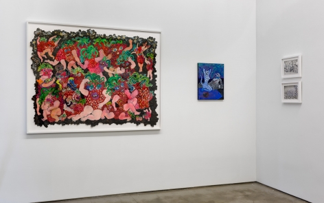 Installation view of ALIVE WITH PLEASURE!, which features a mix of artworks on hung on the walls