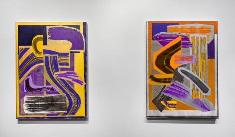 Installation view of paintings by Shane Walsh. Two abstract paintings are hung in the gallery.