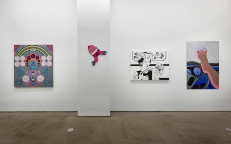 Installation view of ALIVE WITH PLEASURE!, which features a mix of artworks on hung on the walls