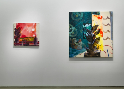 Installation view of Angelina Gualdoni's solo exhibition, showing two paintings on the walls.