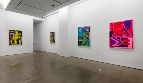 Installation view of paintings by Shane Walsh. Abstract paintings are hung in the gallery.