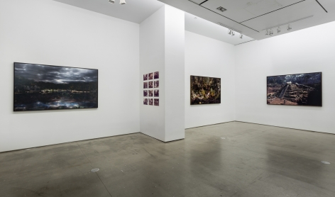 An installation view of Jasper de Beijer's exhibition, "The Brazilian Suitcase". Framed photographs are on the walls. Small pieces are arranged in a grid.