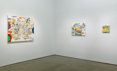 Installation image of Carolyn Case's solo exhibition. Paintings line the gallery walls