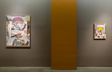 An installation view of paintings and sculptures by Gudmundur Thoroddsen. Two paintings are hung by a column.