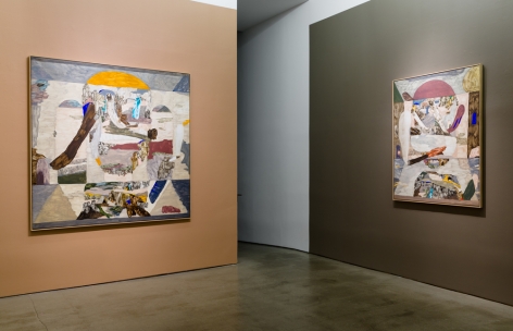 An installation view of paintings and sculptures by Gudmundur Thoroddsen. Large and medium paintings are hung by a doorway.
