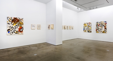 Installation view from Ricardo Gonzalez's solo exhibition. Featuring paintings and framed drawings on the wall