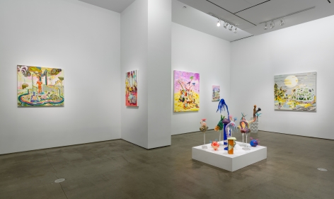 Installation view of Melanie Daniel's solo exhibition, featuring paintings and sculptures