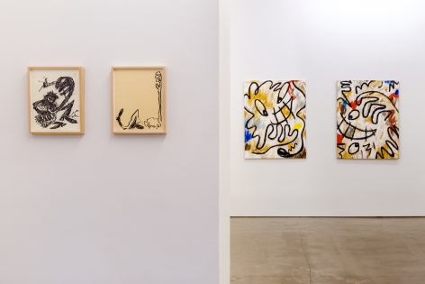 Installation view from Ricardo Gonzalez's solo exhibition. Featuring paintings and framed drawings on the wall