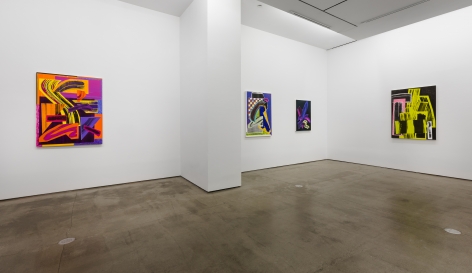 Installation view of paintings by Shane Walsh. Abstract paintings are hung in the gallery.