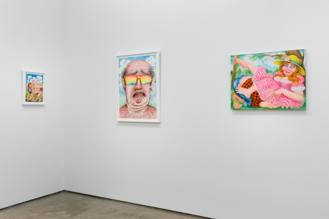 Installation view of "Town and Country" by Rebecca Morgan. Sculptures on a table and paintings and prints on the wall