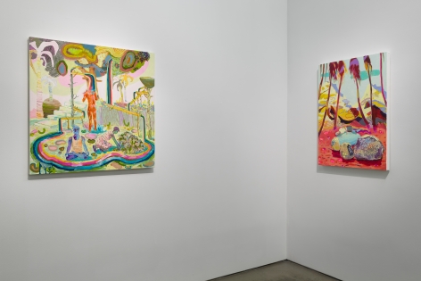 Installation view of Melanie Daniel's solo exhibition, showing two paintings