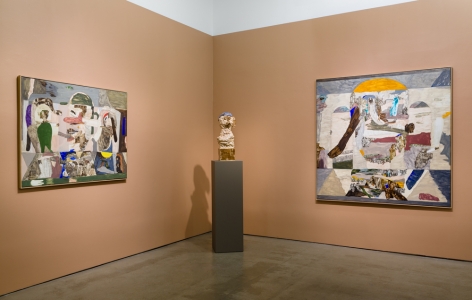 An installation view of paintings and sculptures by Gudmundur Thoroddsen. A bust is on a tall pedestal between paintings.